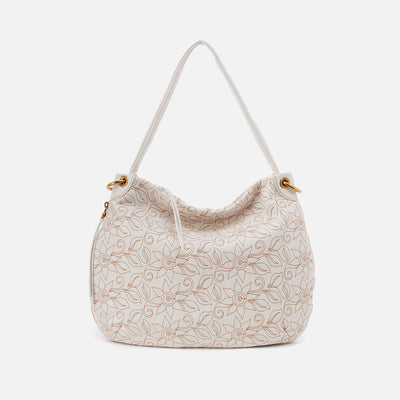 Fern Embroidered Hobo in Pebbled Leather - White