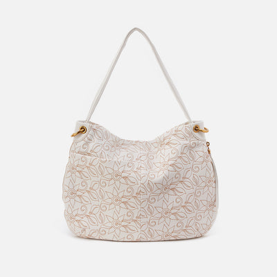 Fern Embroidered Hobo in Pebbled Leather - White