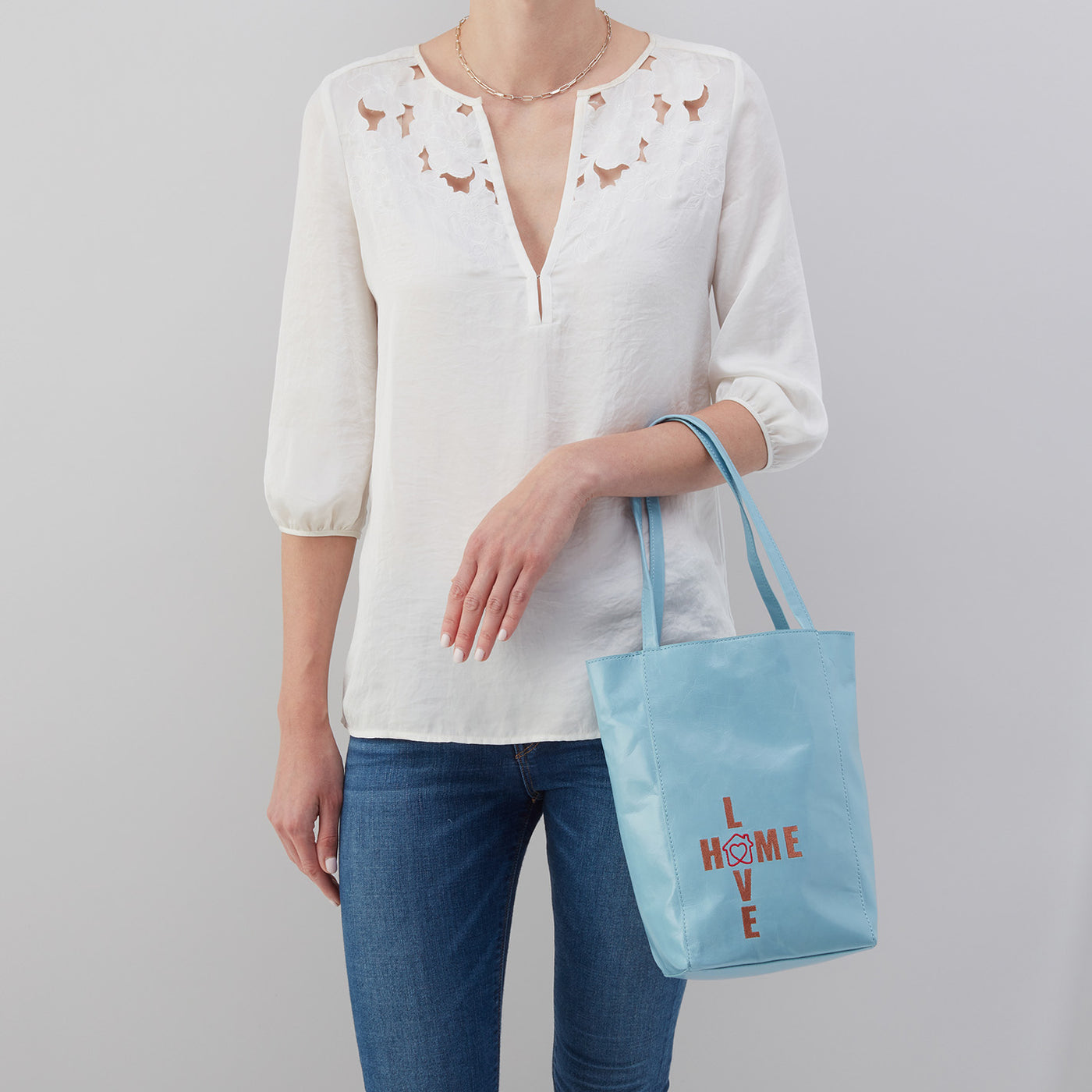 The Giving Tote in Polished Leather - Blue Mist