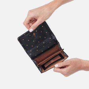 Lumen Medium Bifold Compact Wallet in Pebbled Leather - Black and Gold Stars