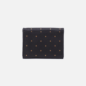 Lumen Medium Bifold Compact Wallet in Pebbled Leather - Black and Gold Stars