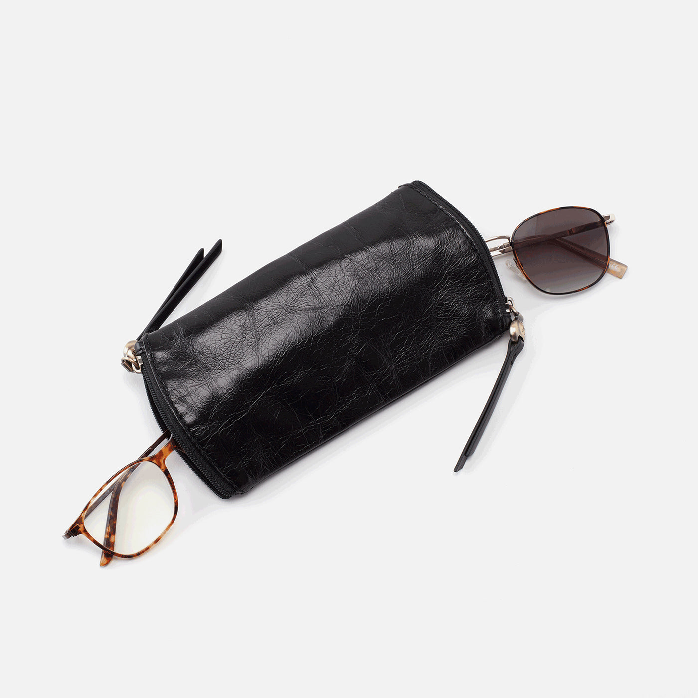 Spark Double Eyeglass Case in Polished Leather - Black
