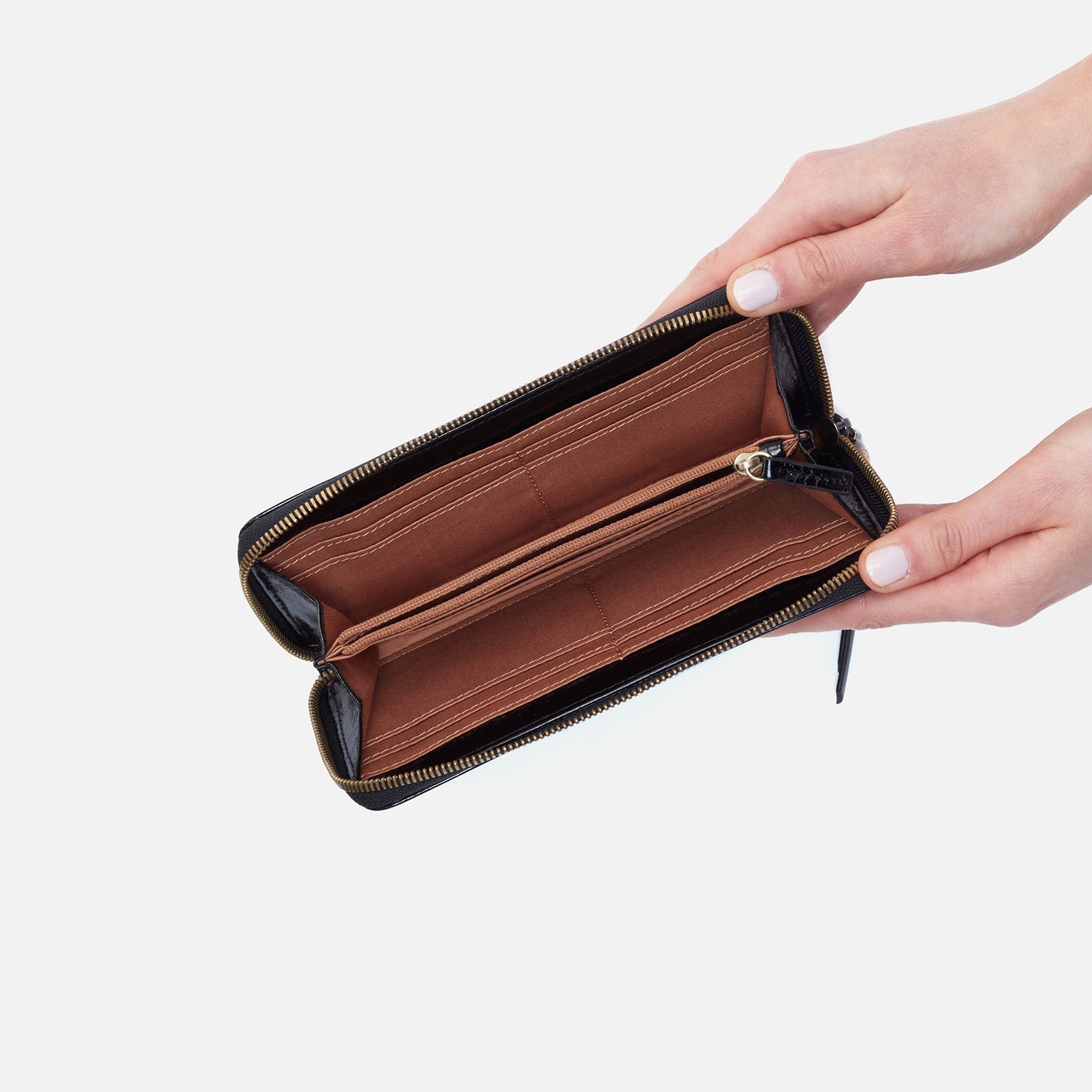 Max Large Zip Around Wallet in Polished Leather Black