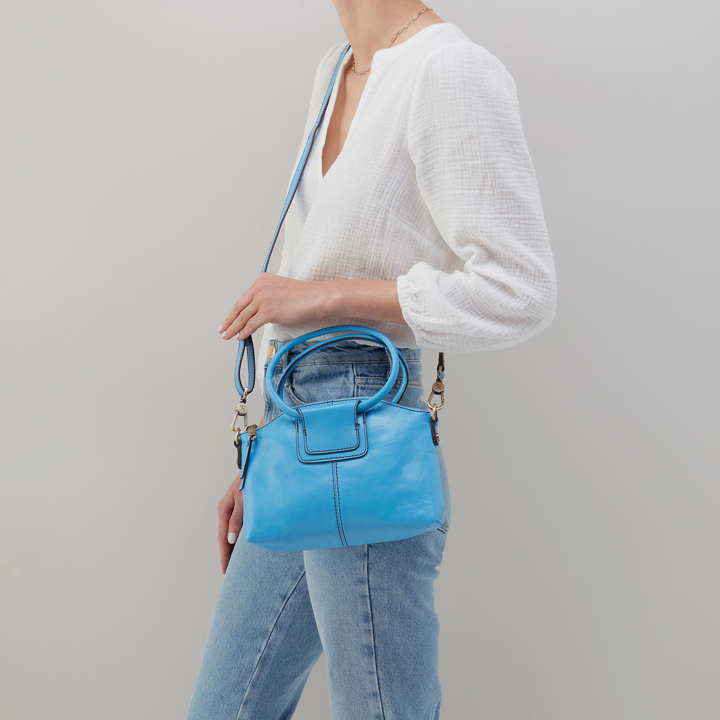 Sheila Top Zip Crossbody in Polished Leather - Tranquil Blue